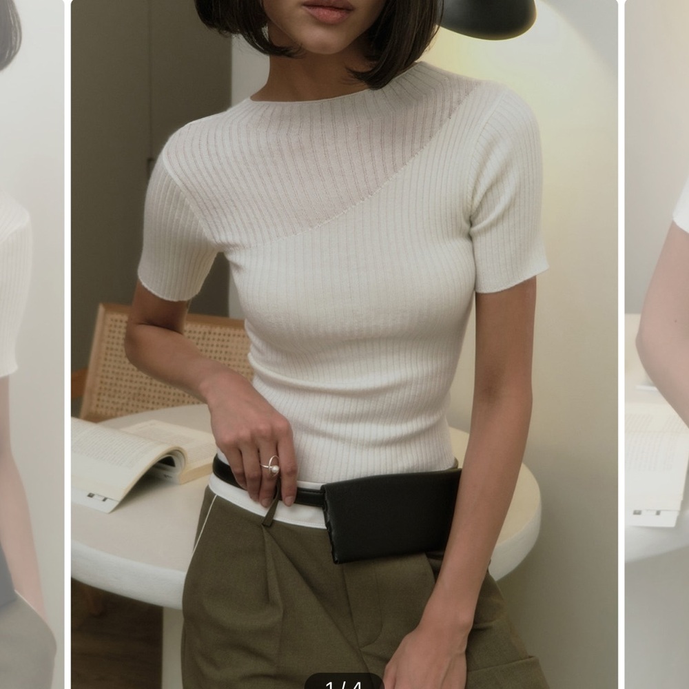 Commense Cream Ribbed Short-Sleeve Knit Top
